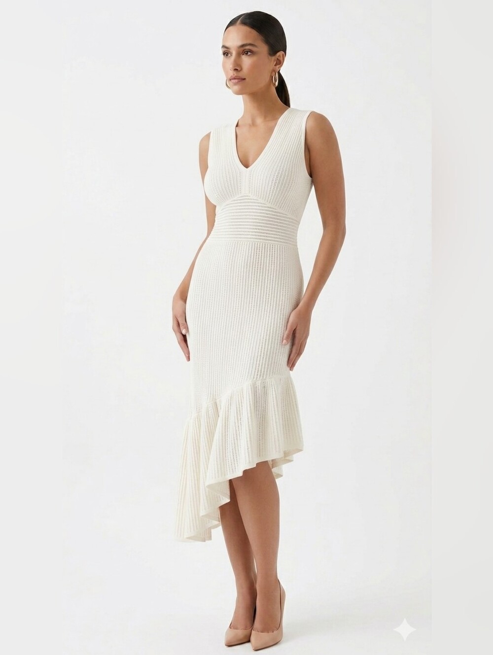 Milly Bodycon V-Neck Ribbed High-Low Ruffle Dress